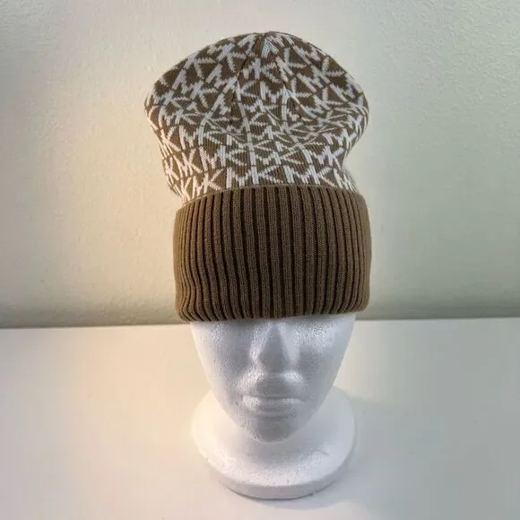 Michael Kors MK Repeat Logo Knitted Beanie Hat, Camel /Cream, One Size - Picture 3 of 5
